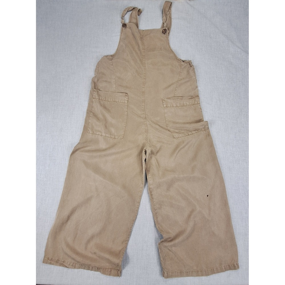 Pull&Bear Tan Lyocell Wide Leg Overalls Womens Small Khaki Relaxed Dungarees